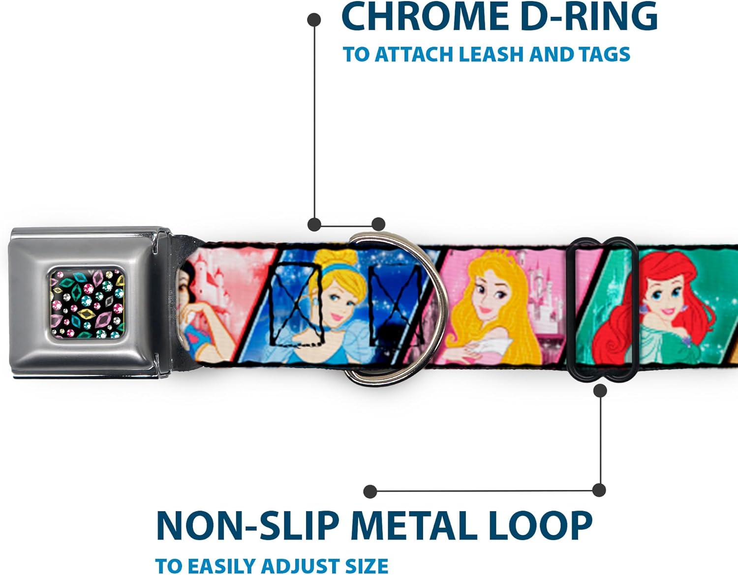 Buckle-Down Dog Collar Seatbelt Buckle Disney Princess Poses Castle Blocks, Multicolor, 1.5" Wide - Fits 18-32" Neck - Large (DC-WDY270-WL)