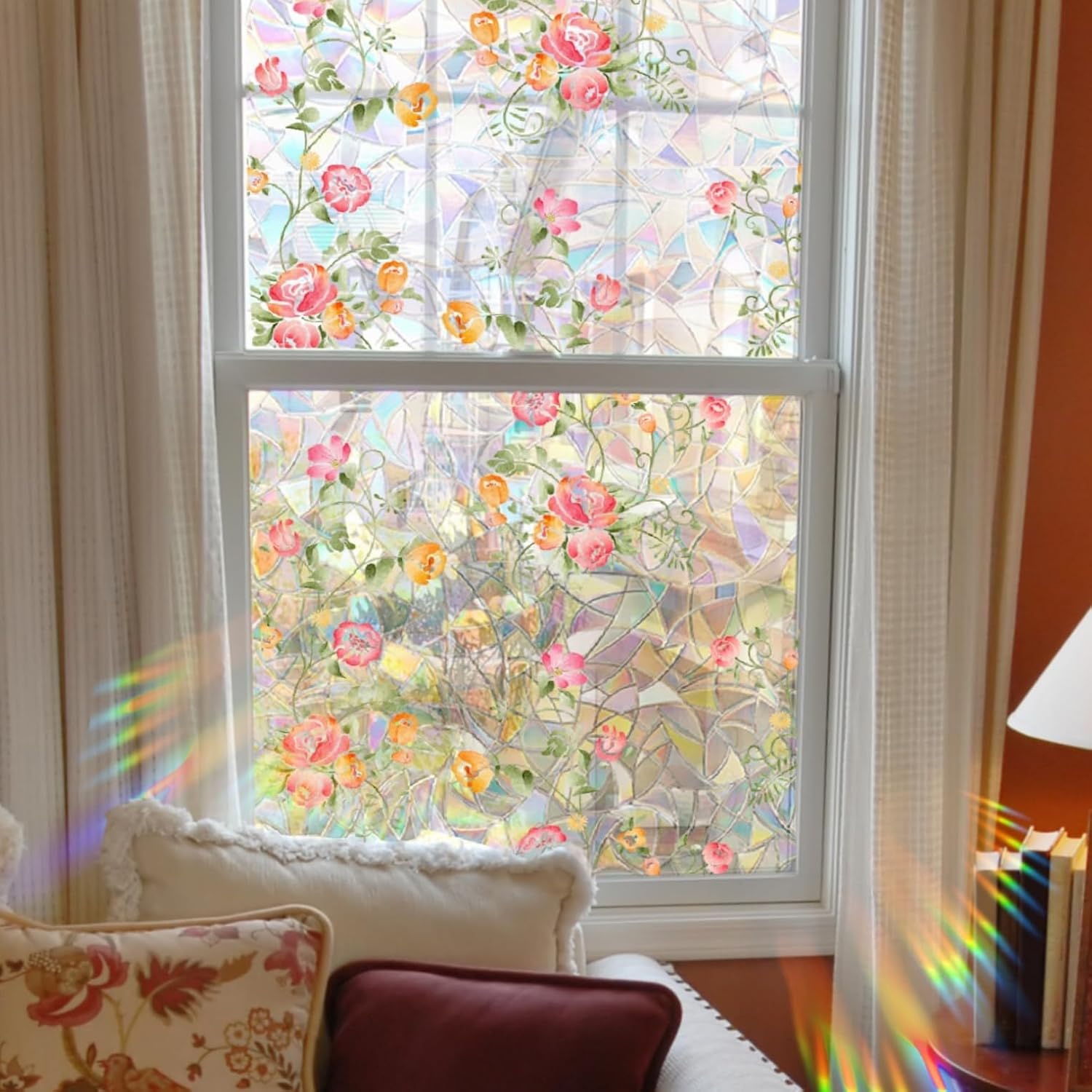 sanderala Stained Glass Window Film Double-Side Decals Glass Decals Colorful Floral Static Clings Non Adhesive Privacy Protection Rainbow Decals Sun Blocking Ant UV 17.7" x 118.1"