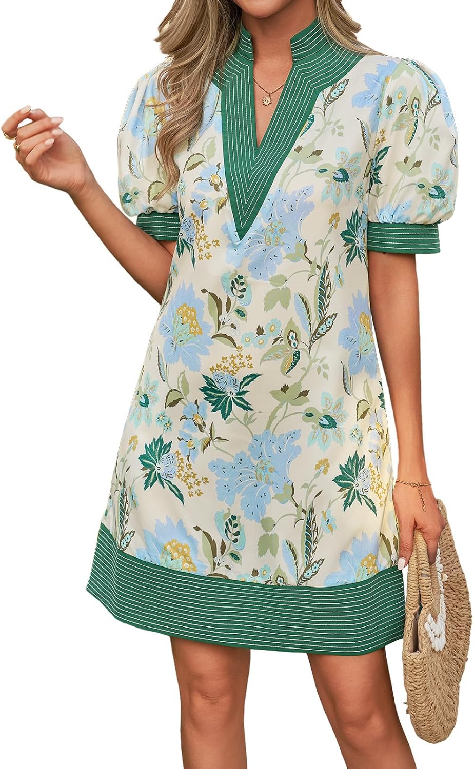 Wenrine Womens Summer V Neck Shift Dresses Casual Puff Short Sleeve Color Block Short Boho Beach Dresses with Pockets