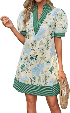 Wenrine Womens Summer V Neck Puff Short Sleeve Boho Mini Shift Dresses