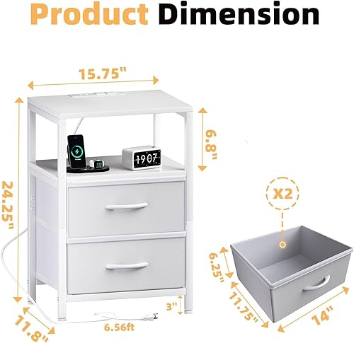 Miniatura 2 de Simple Trending Mesa auxiliar con estación de carga, mesita de noche alta con cajones de tela para vivir, color blanco