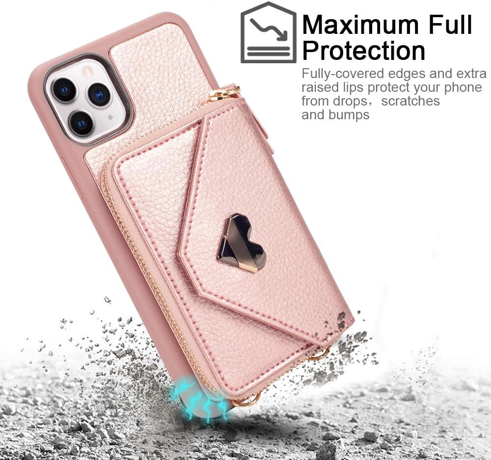iPhone 11 Pro Wallet Case 5.8 inch, JLFCH iPhone 11 Pro Crossbody Case with Card Holder Wrist Strap Purse Chain Zipper Cover for iPhone 11 Pro 5.8 inch, Rose Gold
