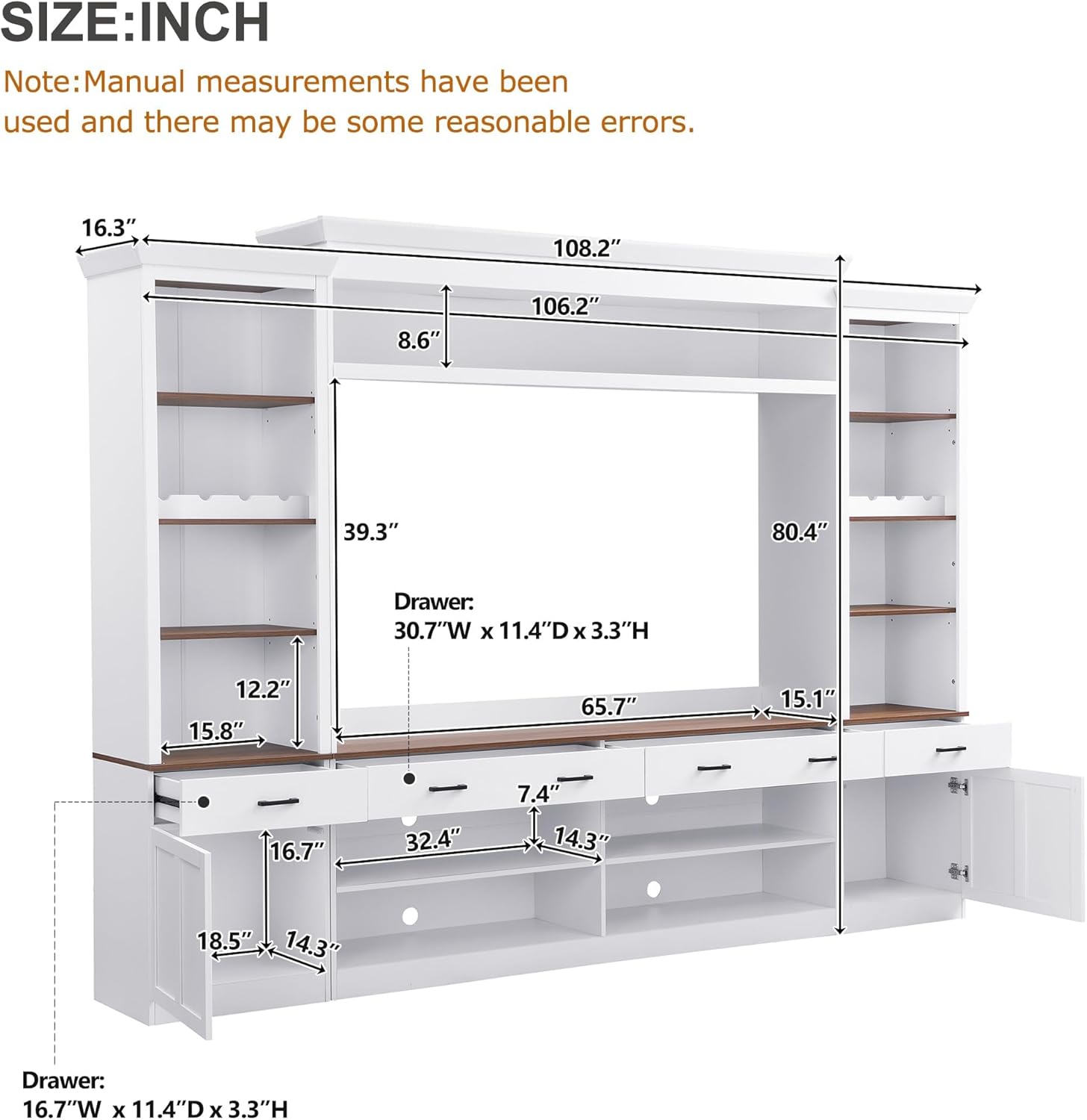 108" W Wall Unit Entertainment Center with Bookshelves, Entertainment Wall Unit for TVs up to 70 Inch, 4-in-1 Media Center with Wine Rack, Drawers, Cabinets and Open Shelves, White