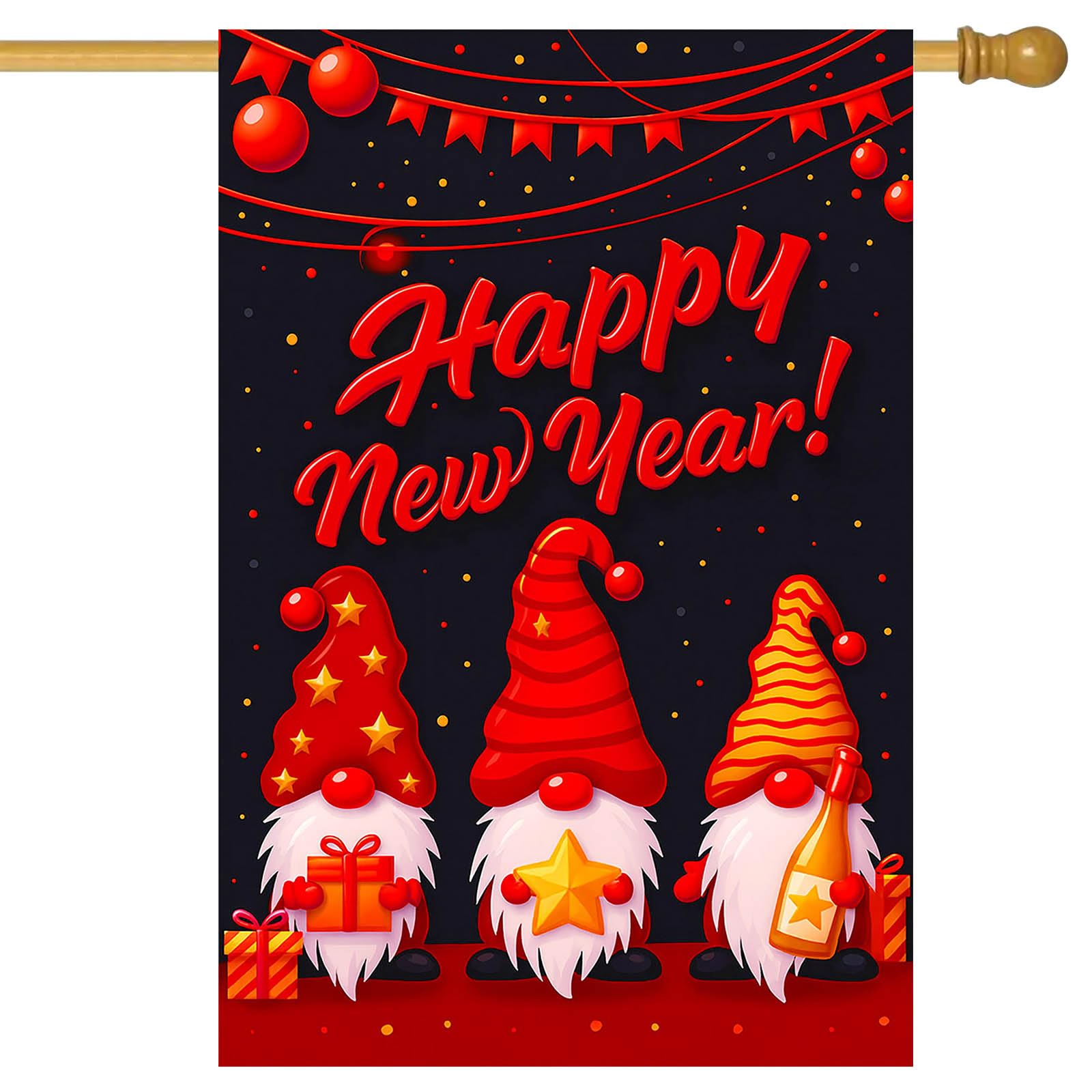 Gnomes rouges Happy New Year drapeau de maison double face grand format