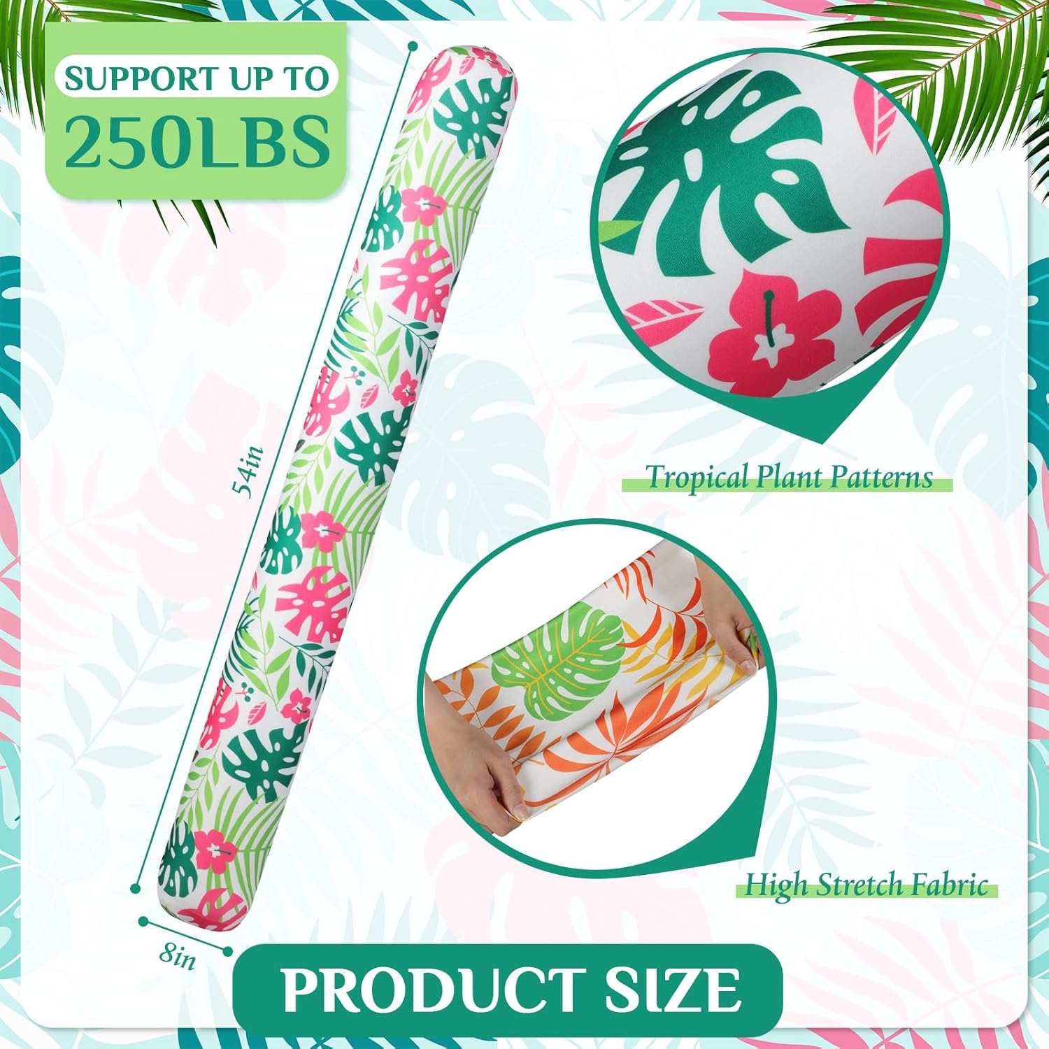 Soulchen 2 Pack Inflatable Pool Noodles Soft Fabric Covered 54'' Large Swim Noodles for Adults Hawaii Tropical Palm Leaves Premium Buoyancy for Pool Swimming Floating Beach Party Decor (Warm-Toned)