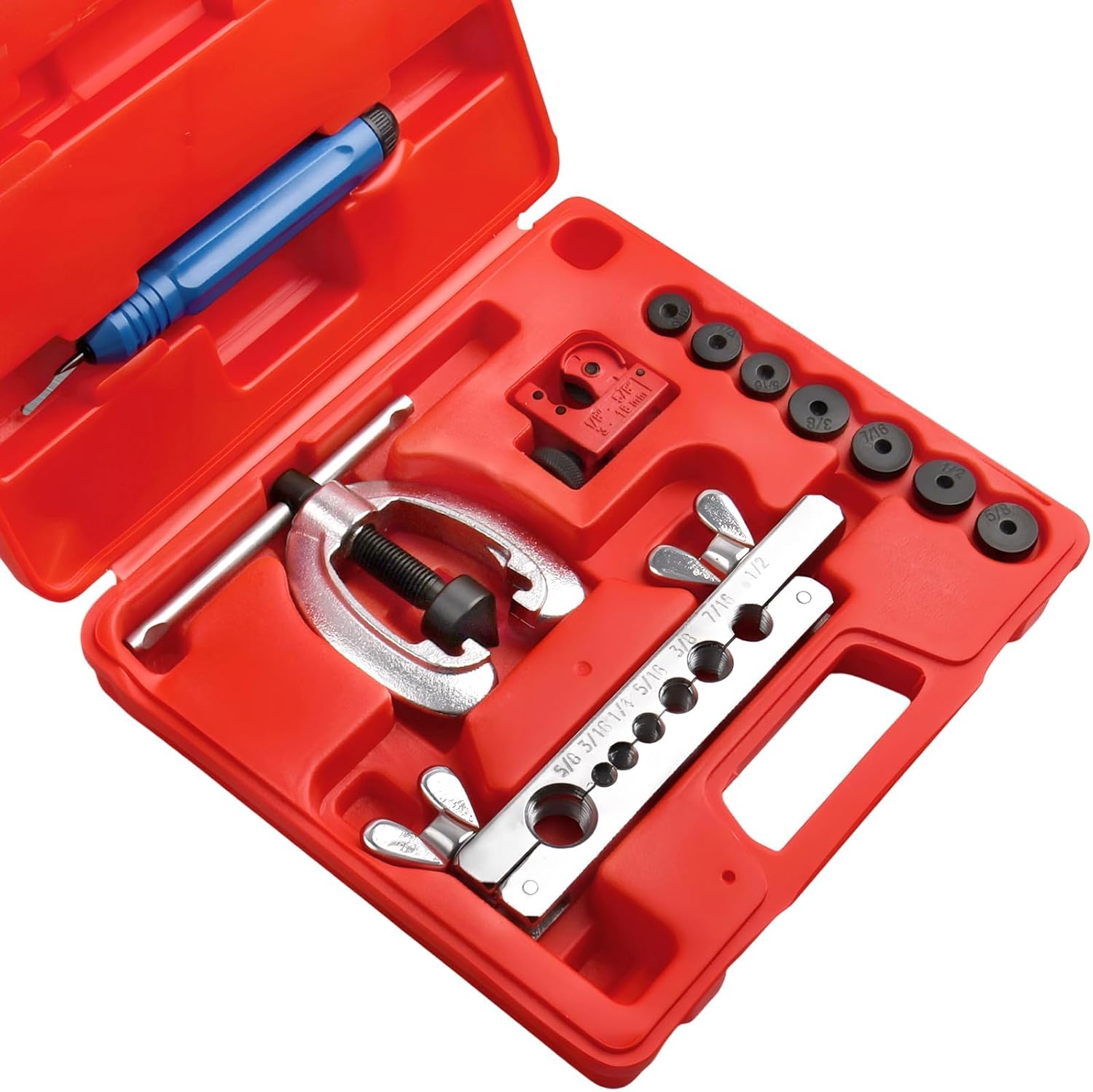 Double Single Flaring Brake Line Tool Kit Professional Brake Line Flaring Tool Kit 3/16" to 5/8" with Mini Pipe Cutter 7 Adapters for Copper/Aluminum/Brass Tubing, Red Storage Case Included