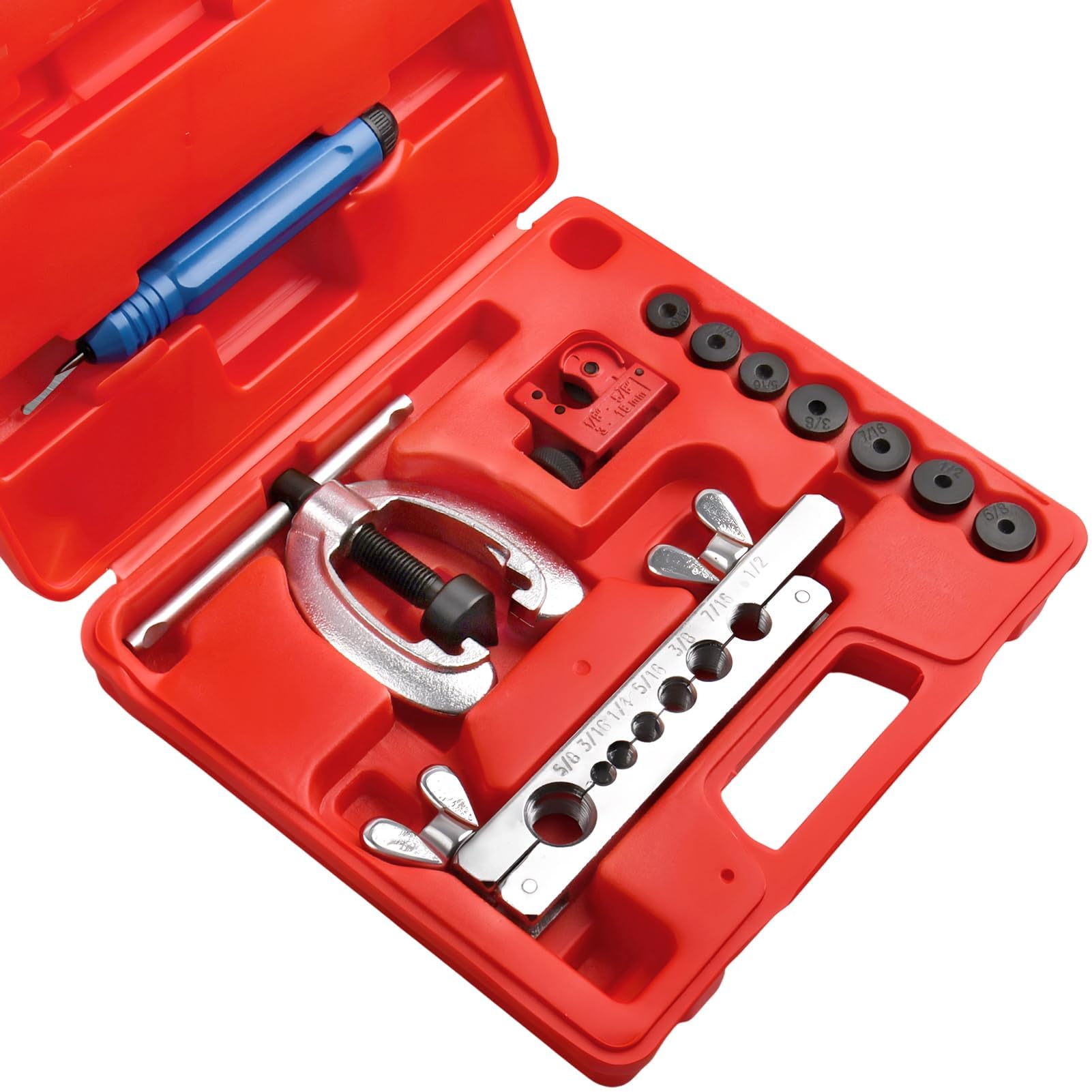 LEONTOOL Doppel-Einzel-Bördelungs-Bremsleitungswerkzeug-Set Professionelles Bremsleitungs-Bördelungswerkzeug-Set 3/16" bis 5/8" mit Mini-Rohrschneider 7 Adapter für Kupfer/Aluminium/Messing-Rohre