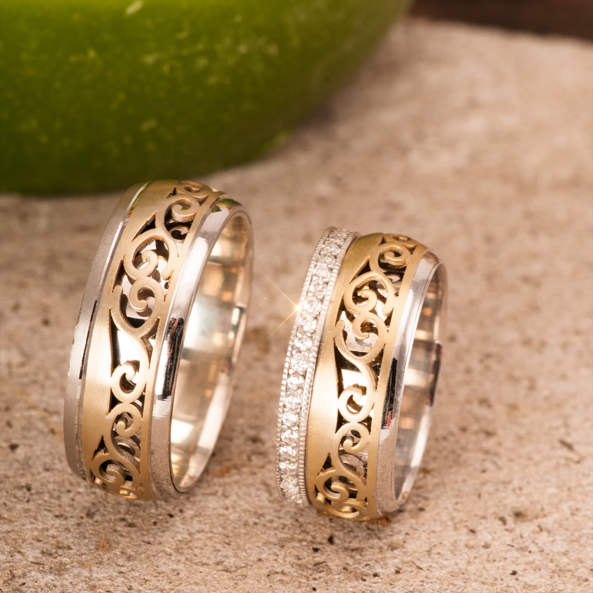 Ehering-Set 14 Karat vergoldet Paar passendes Ehering-Set Personalisierter Mann und Frau Silber-Ehering-Set