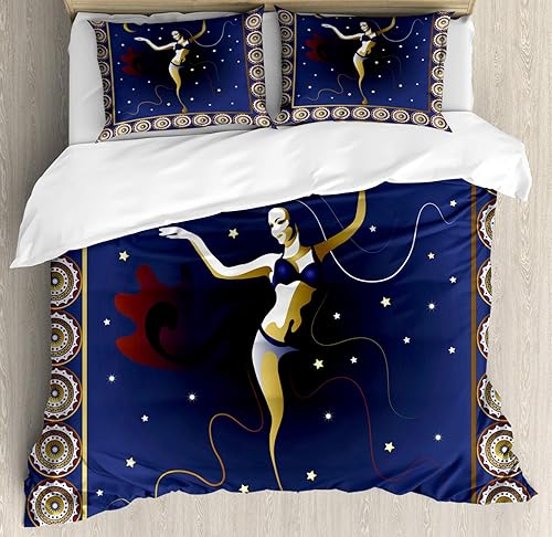 Lunarable Ethnic Duvet Cover Set, Turkish Belly Dancer in Mystical Featured Pattern Moon Stars Art Print, Decorative 3 Piece Bedding Set with 2