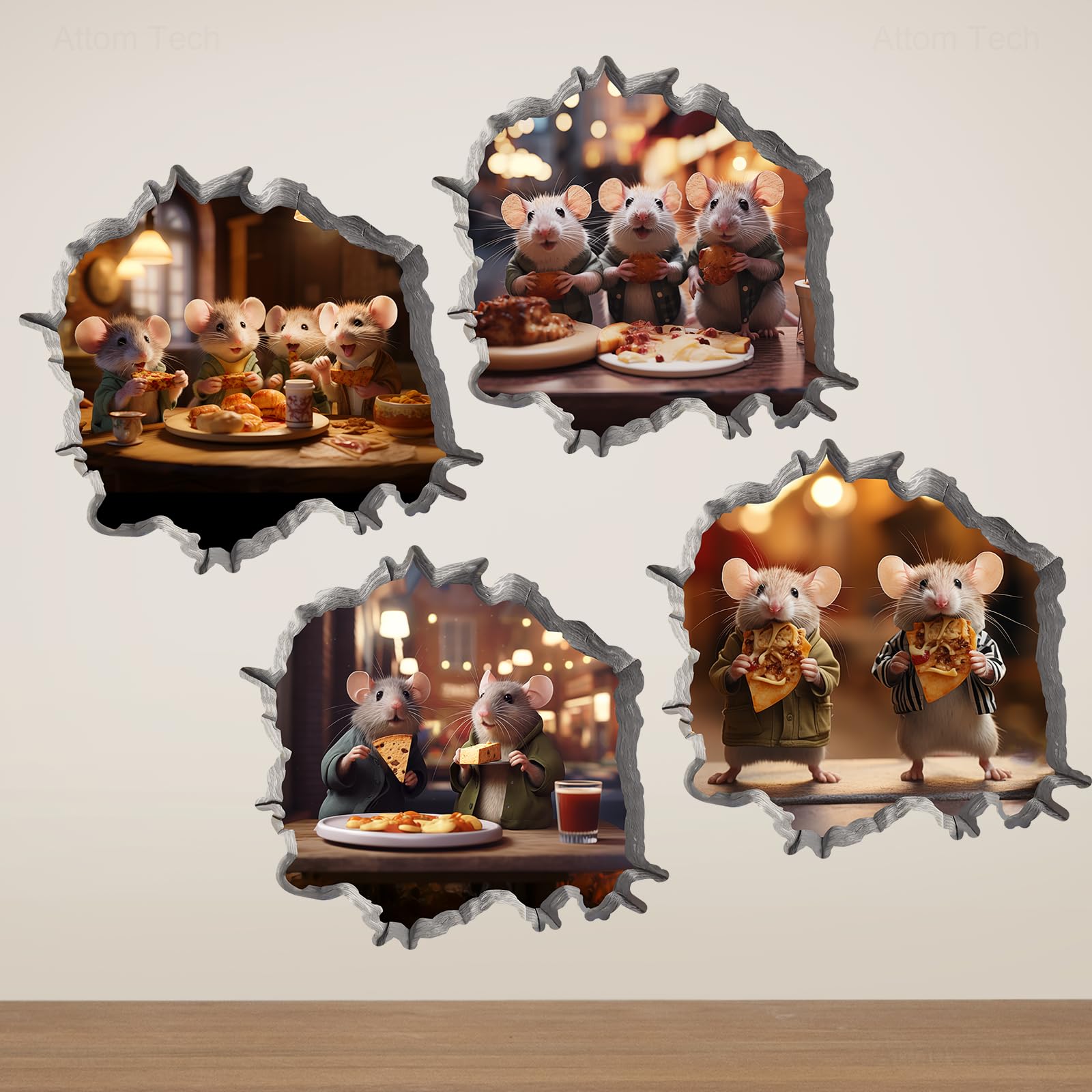 NiArt 3D Mouse Hole Wall Decals 4-Pack, 5 x 5 Inch Vinyl Mouse in The Hole Wall Decor Stickers for Playful Home Decor, Library Decor, Peel and Stick