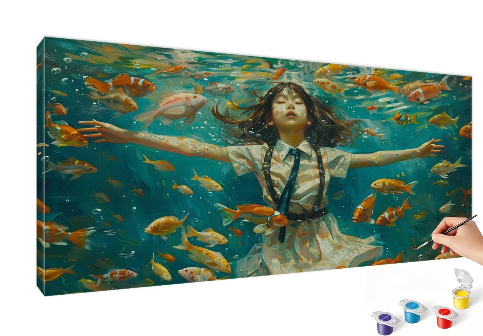 Malen Nach Zahlen Erwachsene Frau Malen Nach Zahlen Fisch DIY Paint by Numbers für Anfänger Mit 3-Pinseln und Acrylfarbe, Ohne Rahmen, Malen-Nach-Zahlen Set für Wand Deko Wohnzimmer 90x180cm RB-613