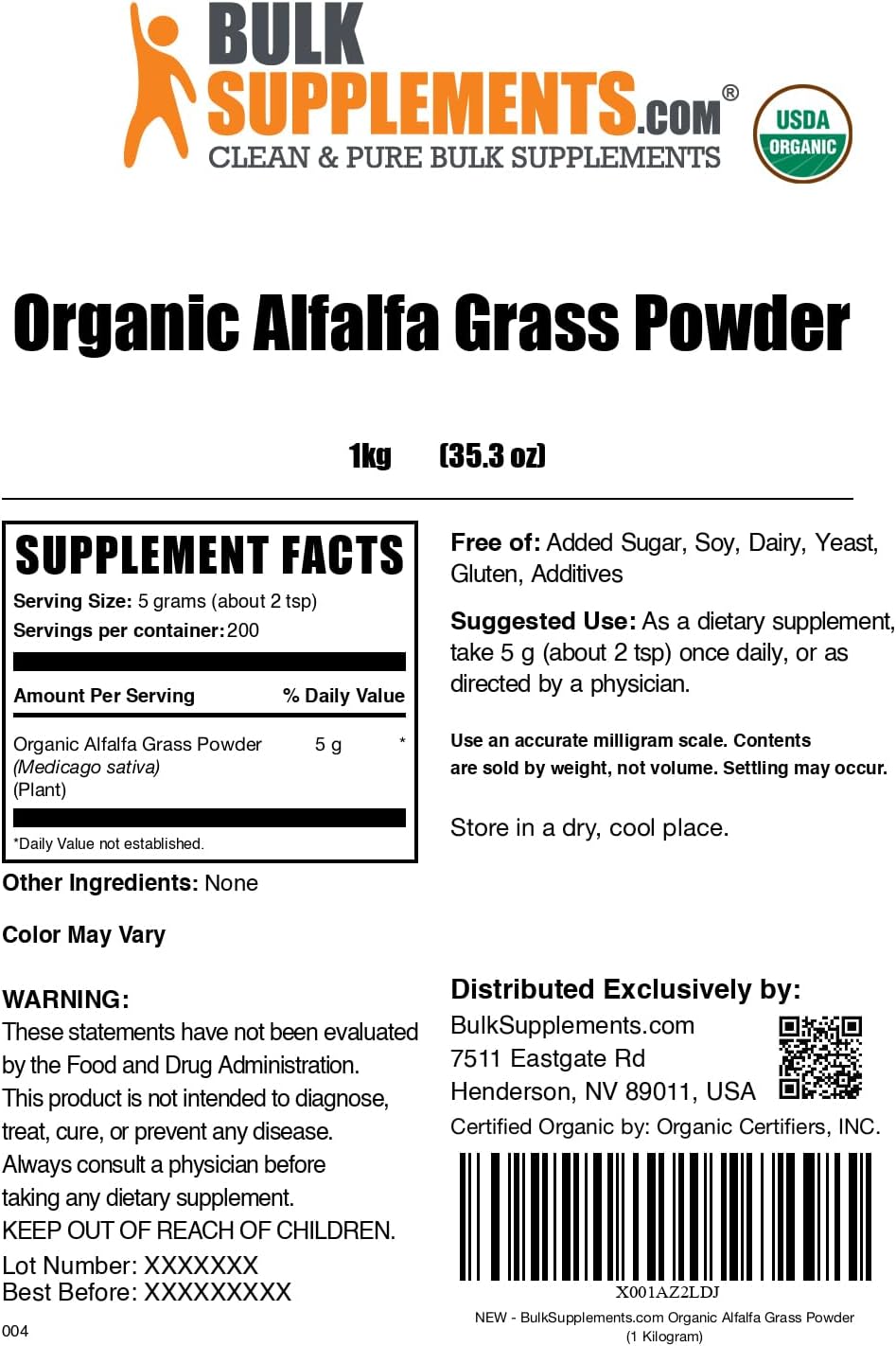BulkSupplements.com Organic Alfalfa Grass Powder - Alfalfa Supplement, Green Superfood Powder - Vegan & Gluten Free, 5g per Serving, 1kg (2.2 lbs) (Pack of 1) - Image 6