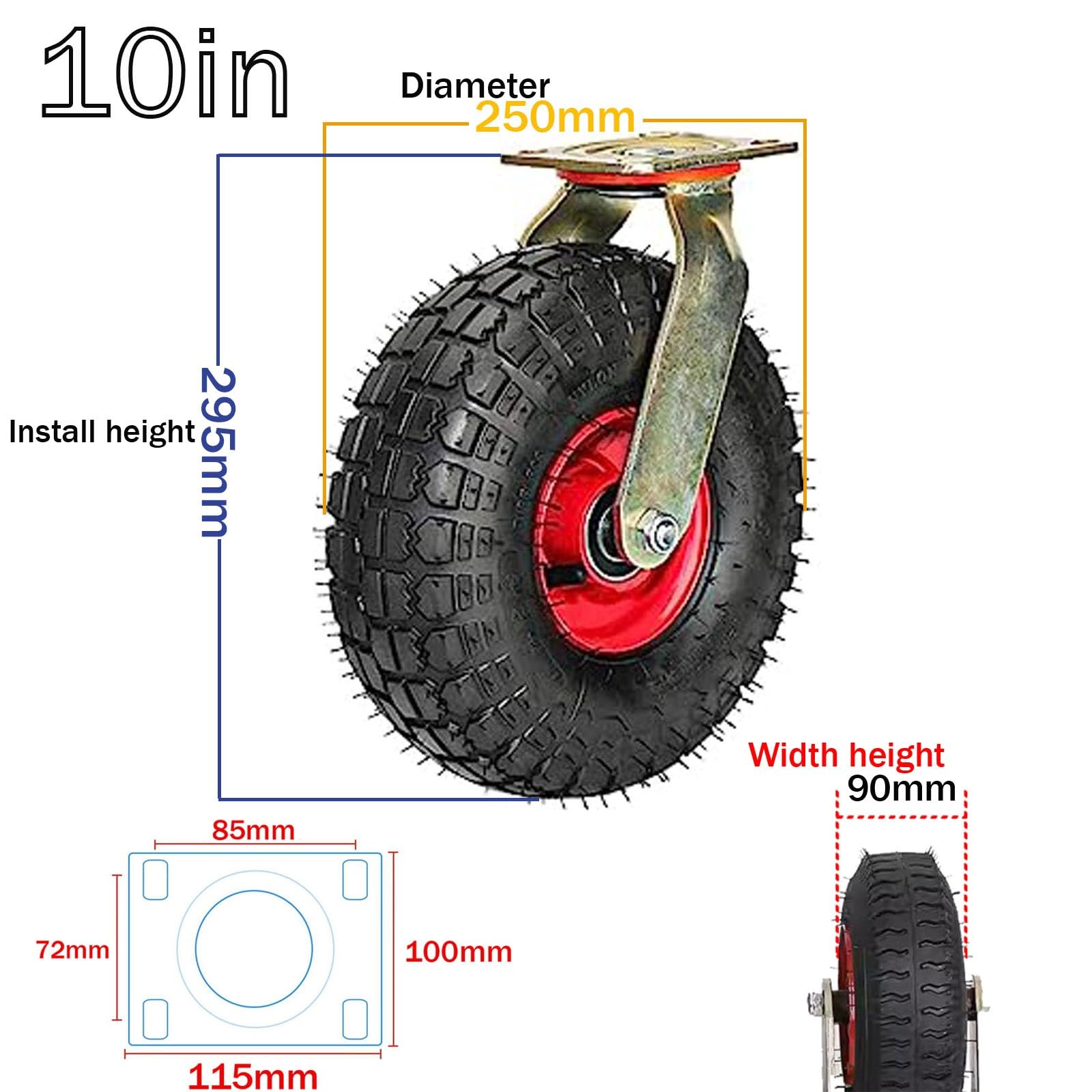 2 Stück Möbel Industrierollen, Transportwagen Gummiräder, Ø 200/250 Mm, Tragkraft 300 Kg, Schwarz-rot, Geräuschlose Schwerlast Rollen, for Trolleys, Möbelroller Transportroller