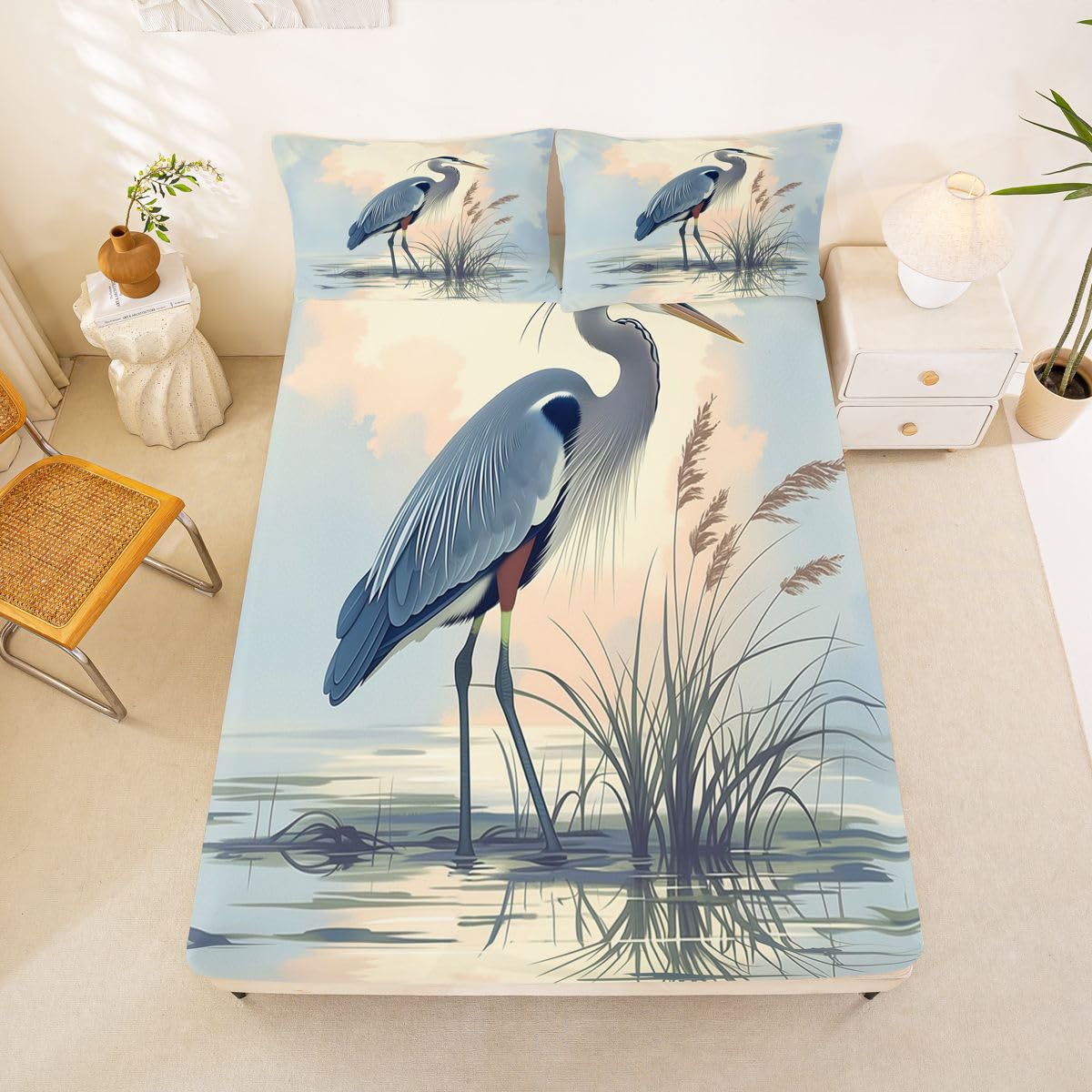 Homewish Great Blue Heron zestaw pościeli podwójne prześcieradła z motywem dzikich zwierząt akwarela niebieski ptak pościel - trzcina dzika przyroda zestaw pościeli 4-częściowy