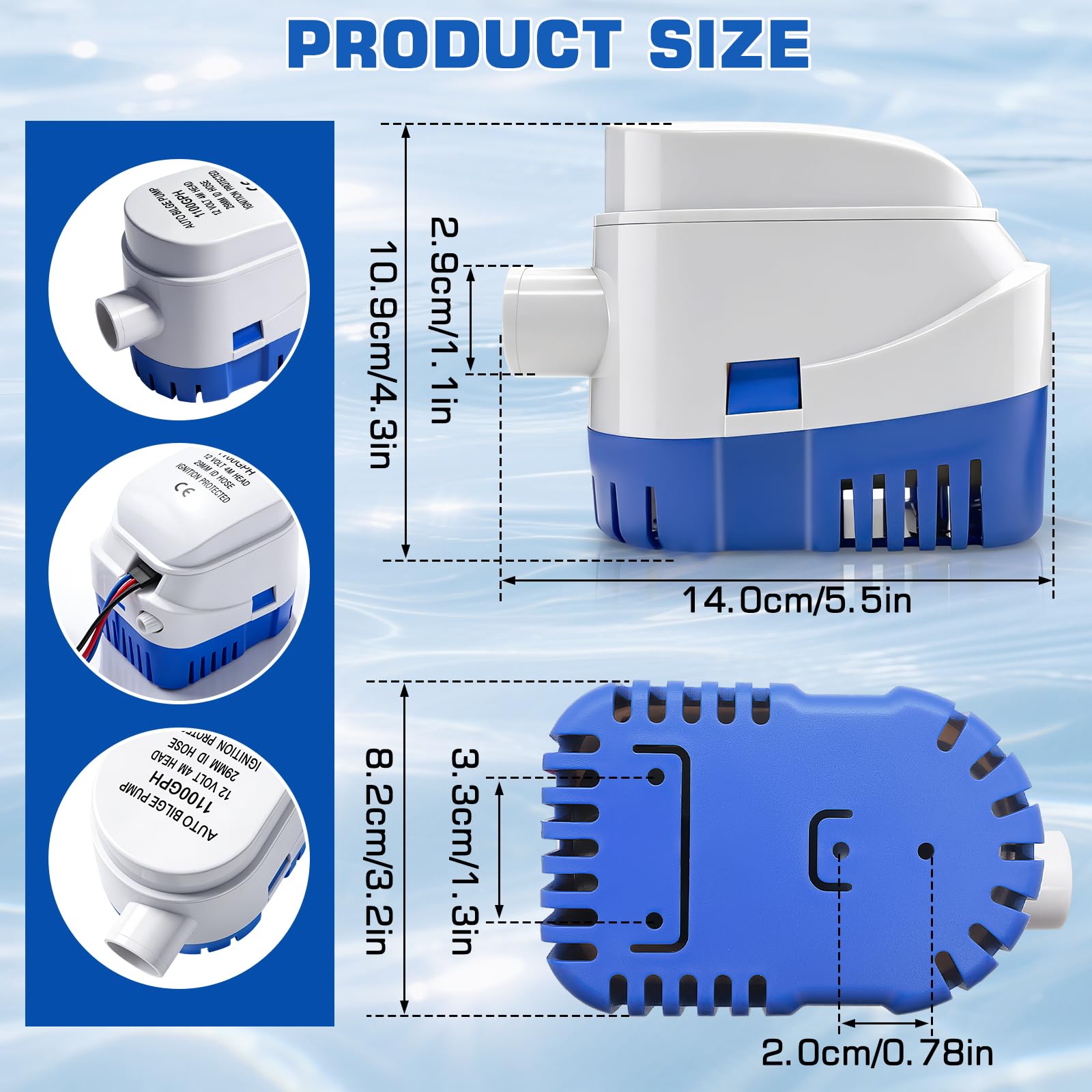 KAOLALI Automatische Bilgepumpe 12V 1100GPH Marine Bilgenpumpe Tauchpumpe 29mm Automatische Boots Lenzpumpe Elektrische Lenzpumpe Bilgenwasser Pumpe für Boote, Teiche, Pools