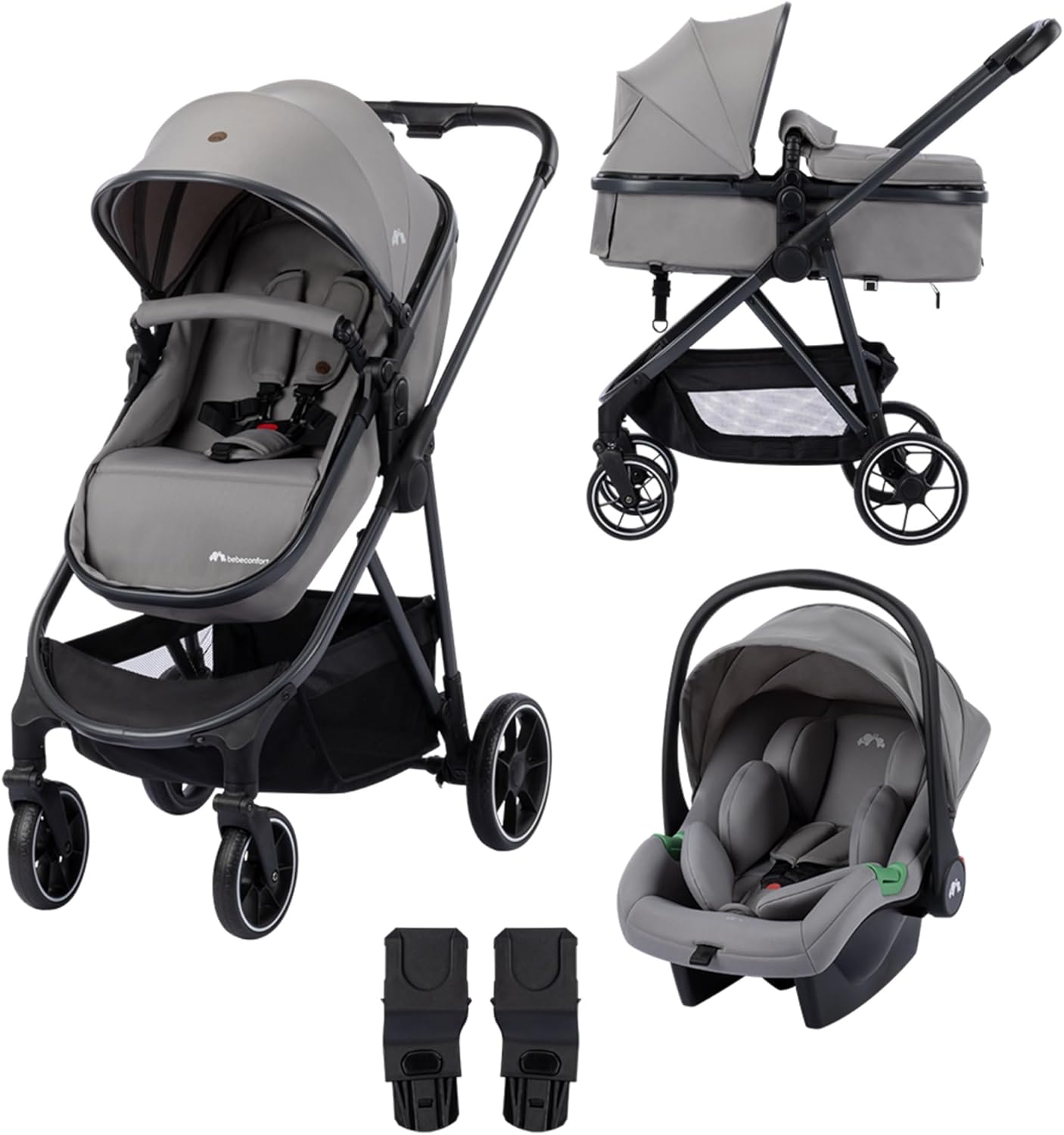 Bebeconfort Breeze Trio, 3 in 1 Stroller Set with Car Seat, 0-22kg (0-4 Years), Reversible & Lightweight Combi Stroller, i-Size Car Seat, Compact Collapsible, Spacious Basket, Mineral Grey