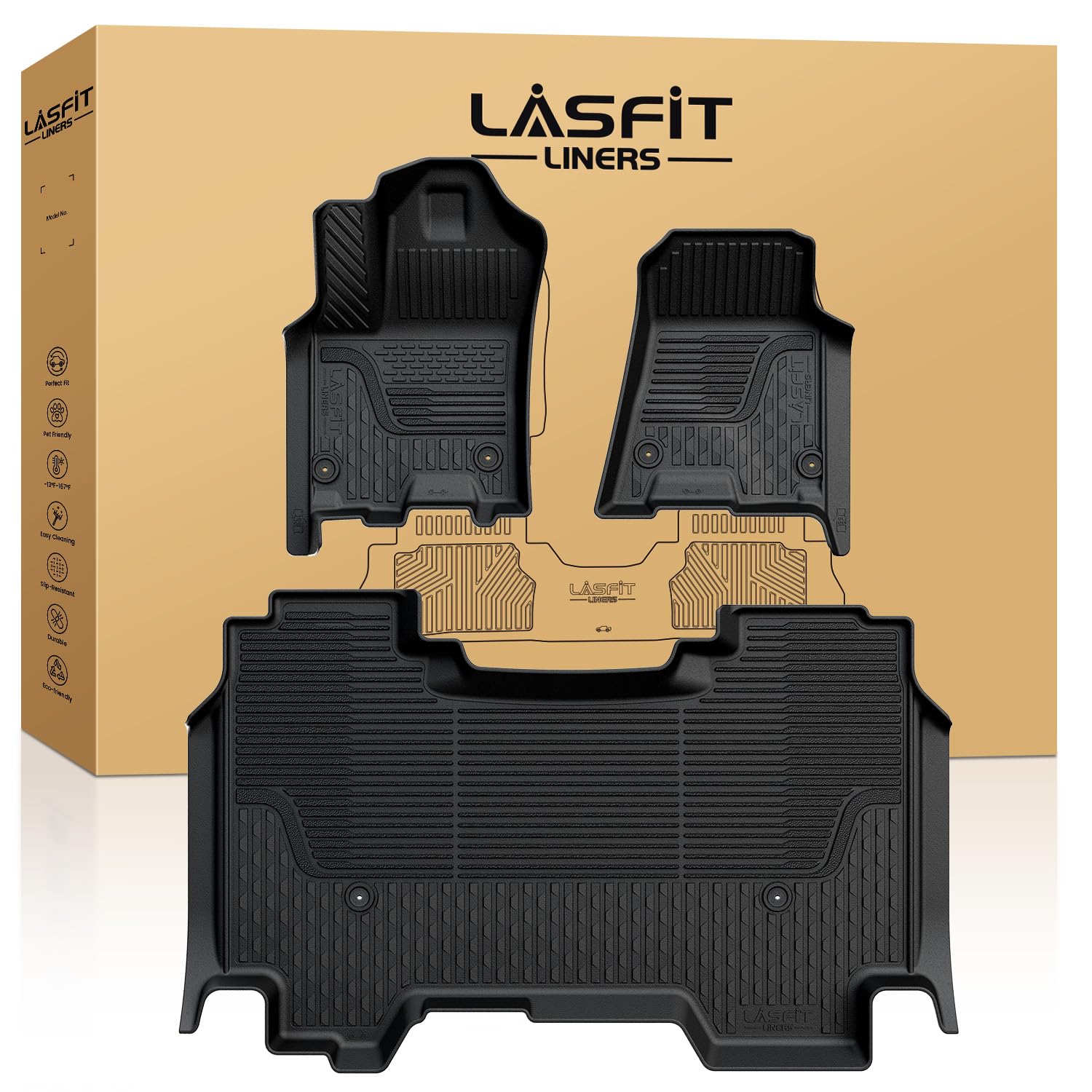 LASFIT Floor Mats 2025 for Ram 1500 Crew Cab Without Rear Under-Seat Factory Storage Bucket Seat (Not for Quad Cab), All Weather TPE Custom Fit Car Mats Floor Liners 1st & 2nd Row, Black