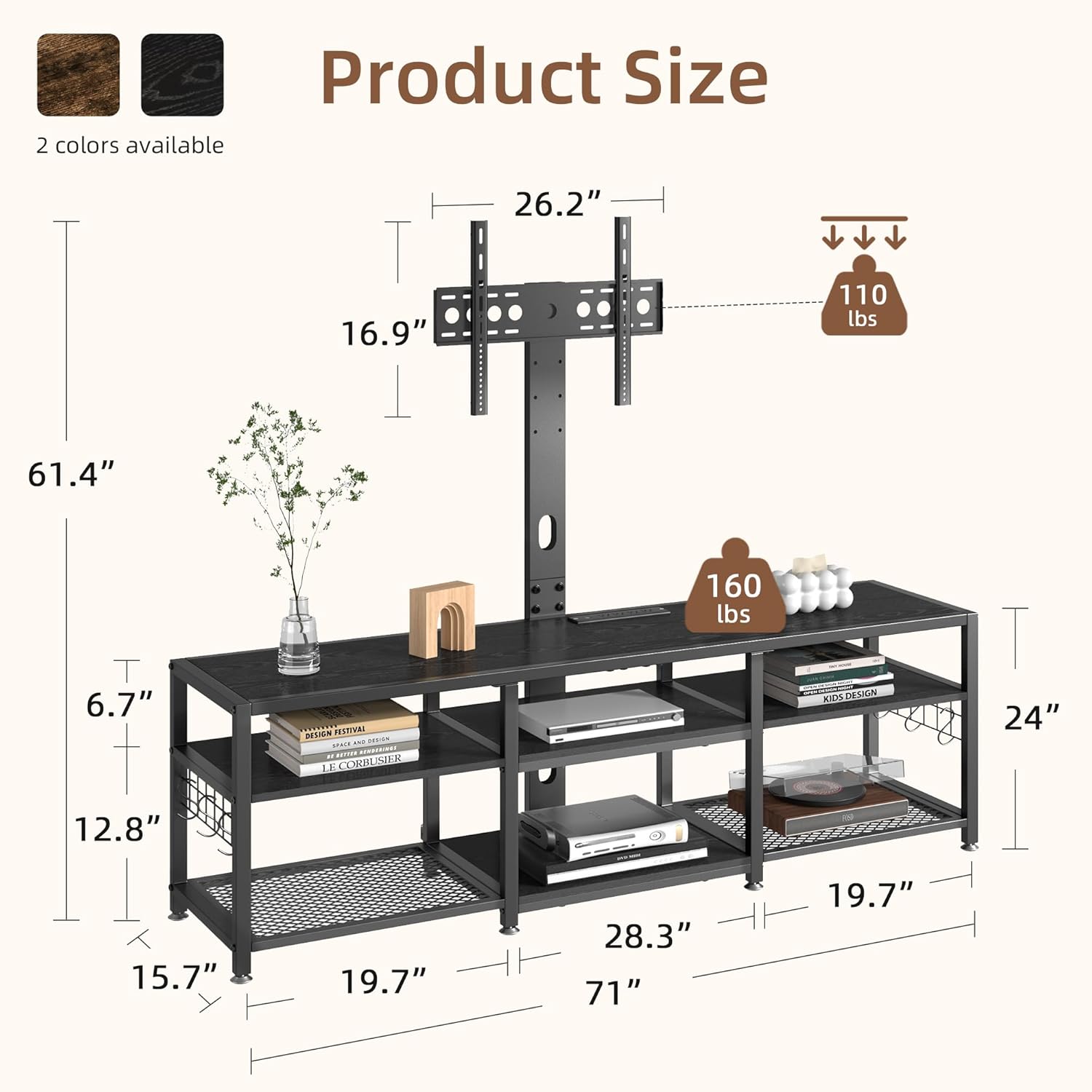 VECELO 71" TV Stand with Mount and Power Outlets, Entertainment Center with Open Storage Shelves, Height Adjustable Mount up to 80”, Wooden Table and Metal Frame for Living Room, Modern Black