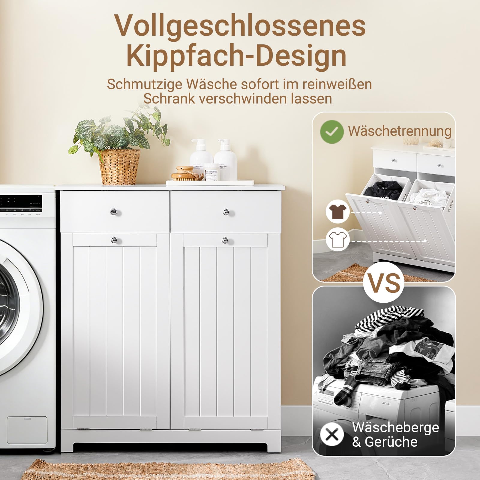 SoBuy Badezimmerschrank mit Wäschekorb 90L Kapazität 78x38x90 Badezimmer | Wäscheschrank mit 2 Wäschekippern, Wäschesammler Schrank robust für Waschküche MDF BZR33-II-W