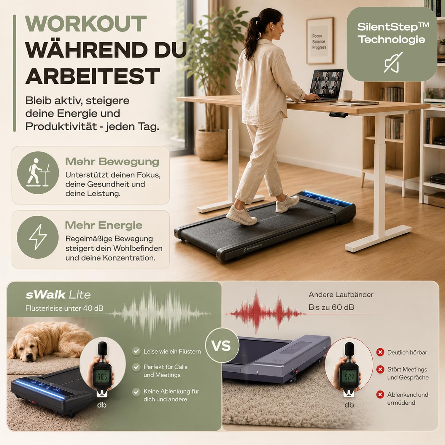 Sportstech sWalk Lite Walking Pad Laufband für Zuhause & Schreibtisch, mit Steigung 6%, bis 6 km/h, LED-Anzeige, App-Steuerung, Fernbedienung, leise, flach & kompakt, für Home Office, bis 150 kg