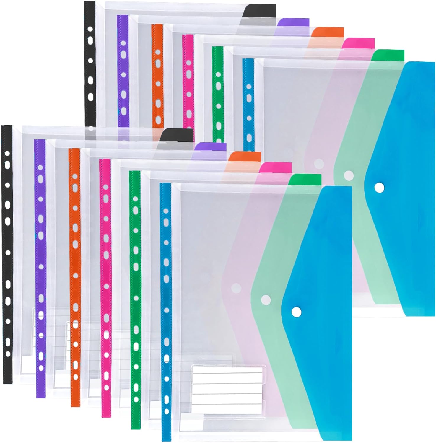 12 Pack Binder Pockets for 2/3/4 Ring Binder, Binder Folders with Snap Button and Label, Expandable Plastic Envelopes Binder Organizer Folders with 11 Holes for School Office Home