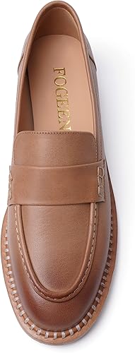 Miniatura 3 de Mocasines de cuero mate para mujer, estilo casual, sin cordones, punta redonda, tacón bajo grueso, zapatos de vestir de 1 pulgada