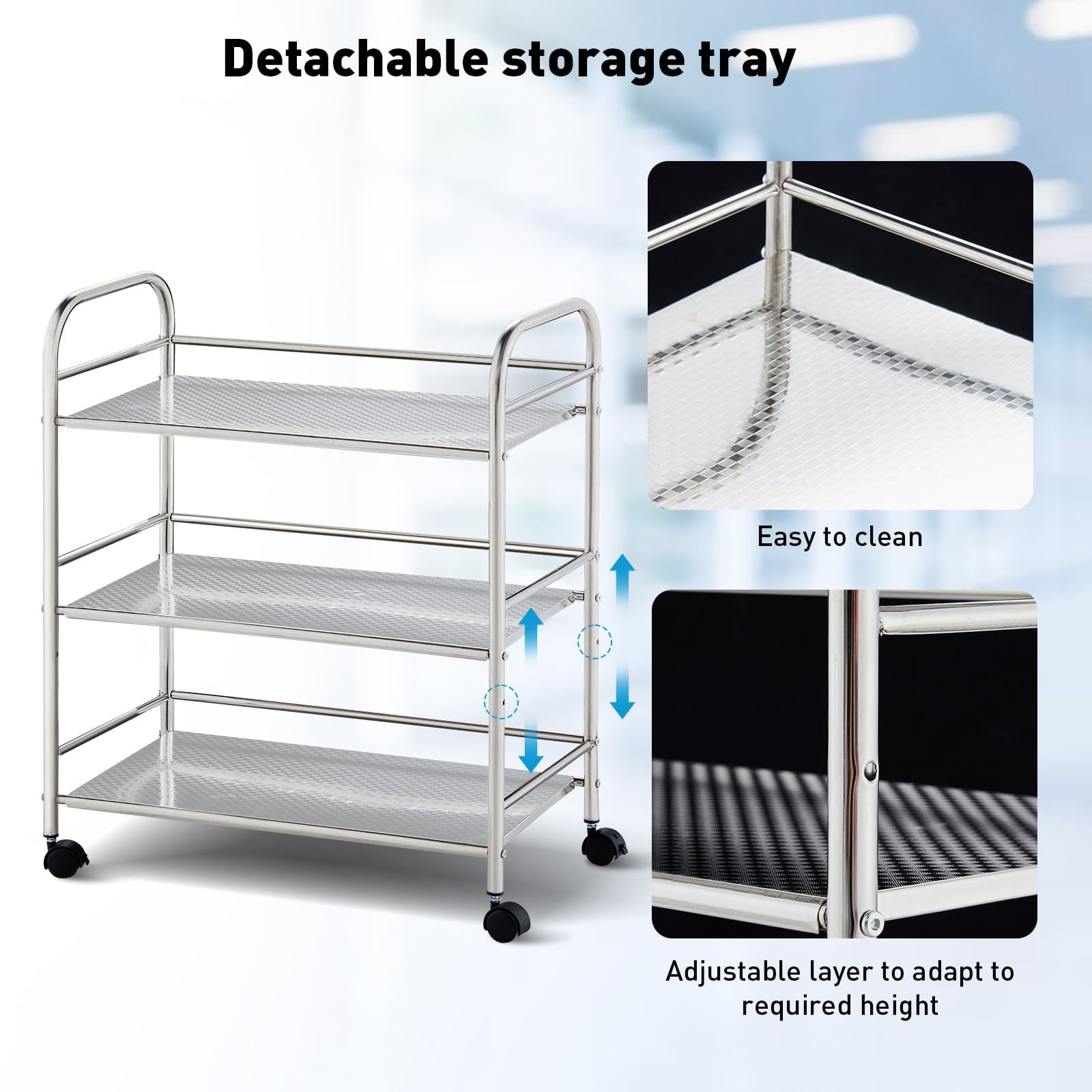 CLIPOP Carrito utilitario de acero inoxidable de 3 niveles, carrito de isla de cocina con ruedas bloqueables, carrito de almacenamiento para cocina, restaurantes y hogares de cuidados (35 x 50 x 75