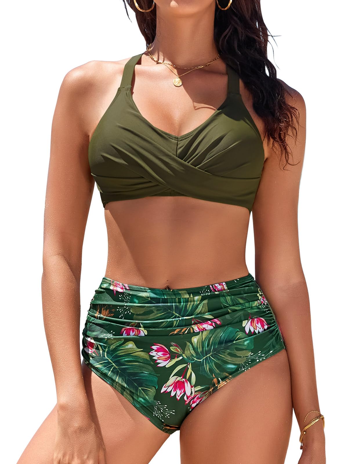 heekpek Conjunto Bikini Mujer Push Up Bañadores Reductores Barriga Bikini Cintura Alta Cuello en V Cruzado Delantero Bañador Natacion Bañadores Mujer Dos Piezas