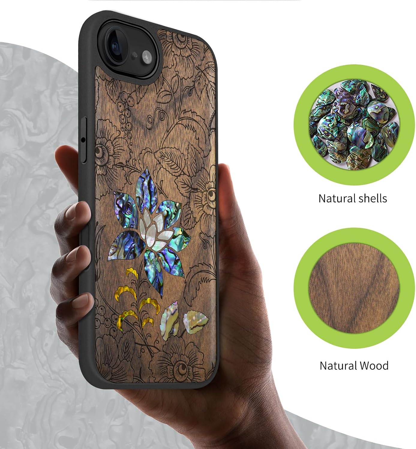 Carveit Magnetic Wooden Case for iPhone 16e / 17e, Wood Artisan Engraved & Handmade Shell Inlaid, TPU Shockproof Cover, Compatible with MagSafe Wireless Chargers, Flowers and Leaves - Walnut