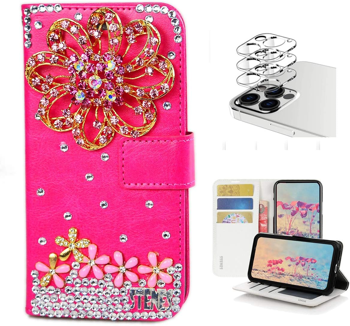 STENES Bling Wallet Phone Case Compatible with iPhone 12 Pro Max Case - Stylish - 3D Handmade Christmas Tree Snow Flowers Leather Cover with Camera Lens Protector [3 Pack] - Red