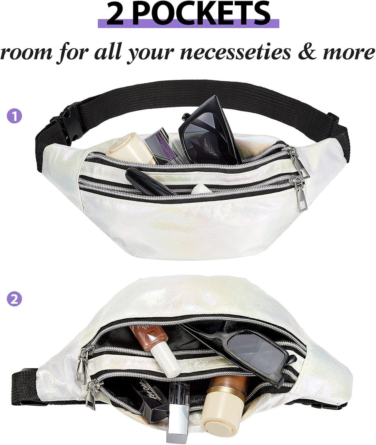 6 Pieces Holographic Fanny Pack Shiny Waist Bag with Pouches and Adjustable Belt Waterproof Neon PU Waist Pack Waist Bag for Traveling Running Partying (Artsy Style) - Image 4