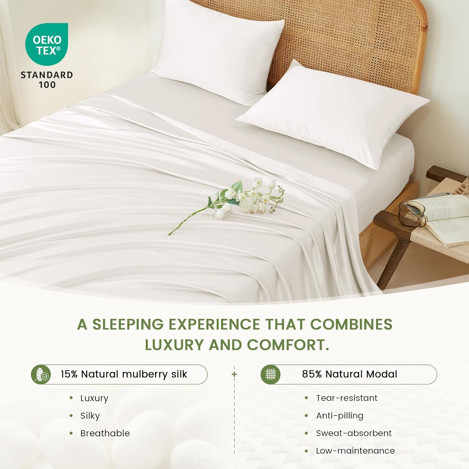 THXSILK Luxury Mulberry Silk Bed Sheets Set - 4pcs Silk Sheets Set 16" Deep Pocket - 1 Fitted Sheet, 1 Flat Sheet, 2 Pillowcases with Zipper Closure - Queen, White - Image 2