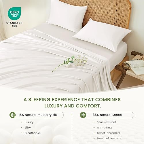 Miniatura 2 de THXSILK Juego de sábanas de seda de morera de lujo, juego de sábanas de 3 piezas de bolsillo profundo de 16 pulgadas, 1 sábana bajera, 1 sábana