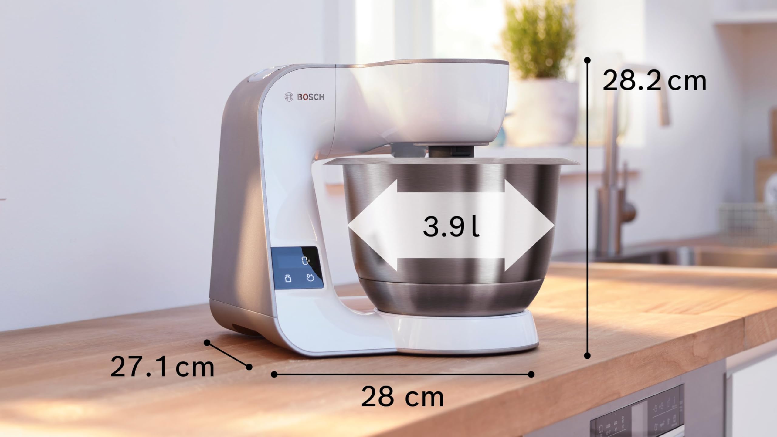 Bosch Küchenmaschine Serie 4 mit Waage, Edelstahl-Schüssel spülmaschinenfest, Mixer, Fleischwolf, Planetenrührwerk, Durchlaufschnitzler, 3 Scheiben, Würfelschneider, 1000 W, MUM5XL74