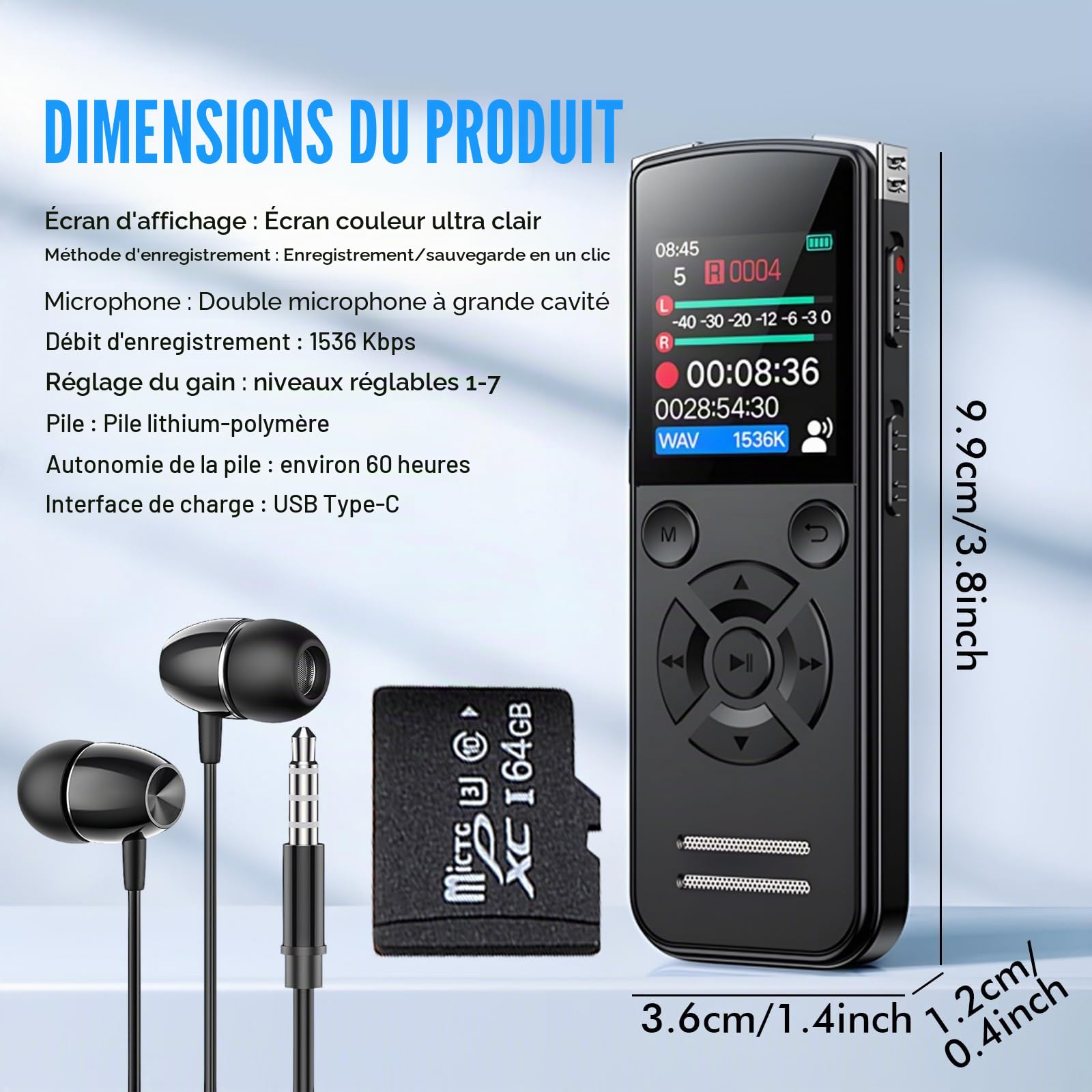 Dictaphone numérique 64 Go - Enregistreur vocal avec lecture - Enregistreur vocal portable USB-C - Mini enregistreur vocal numérique - Pour travail, étude, réunion, interviews