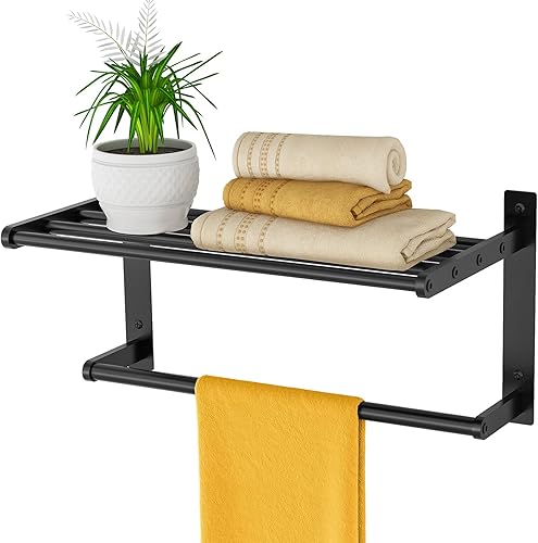 Miniatura 7 de Estante de baño con toallero, toalleros de metal de 16 pulgadas para montaje en pared de baño, toallero a prueba de óxido con estante soporte para