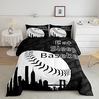 Castle Fairy Baseball Game Kids Comforter Set Full Size Sports Theme Softball Pattern Bedding Set for Girls Boys Bedroom Decor Modern City Silhouette Soft Chic Quilted Duvet with 2 Pillowcases,Black