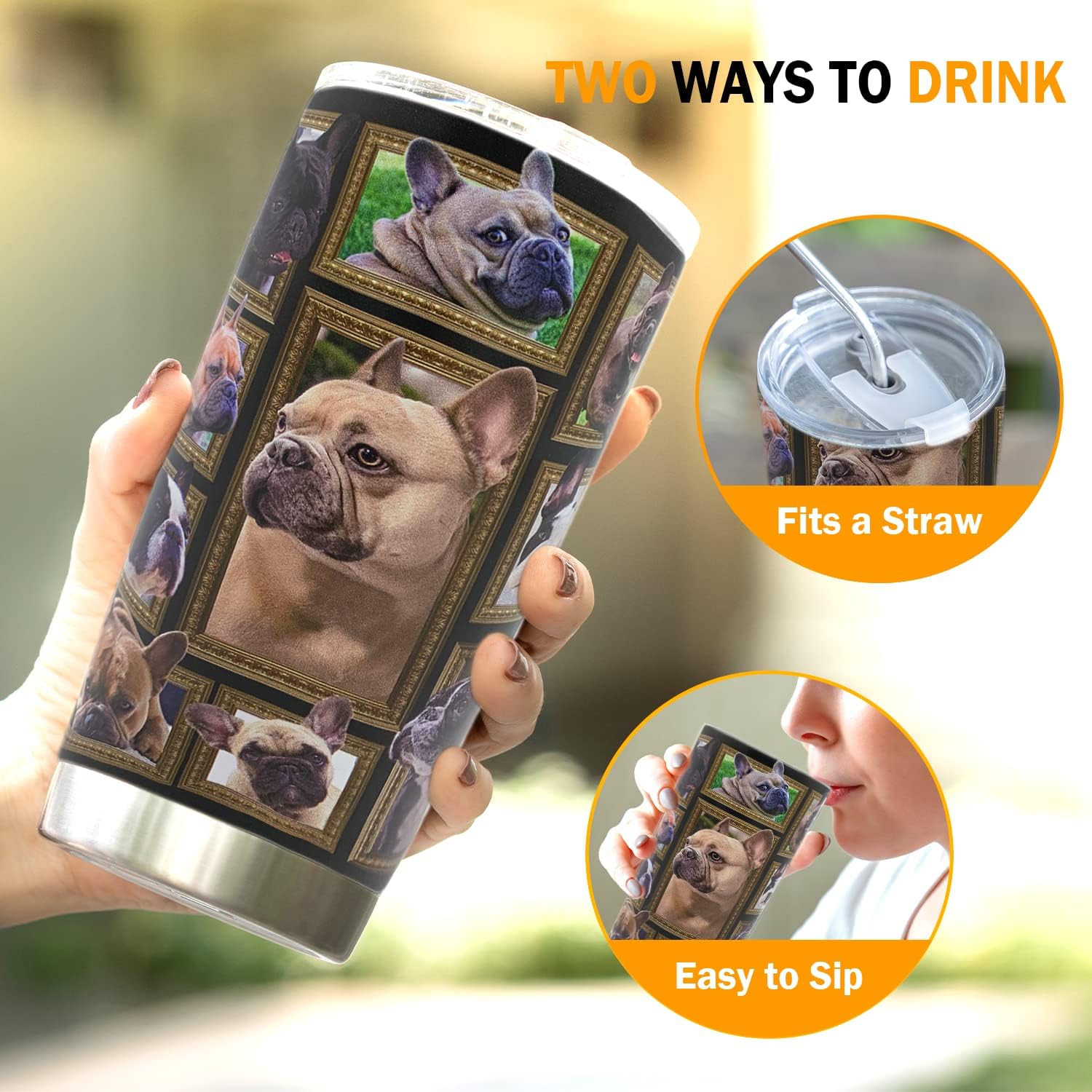 French Bulldog Tumbler Cup with Lid Spill Proof Iced Coffee Travel Mug Insulated Stainless Steel Water Bottle 20 Oz Cold Drink Thermal Cups