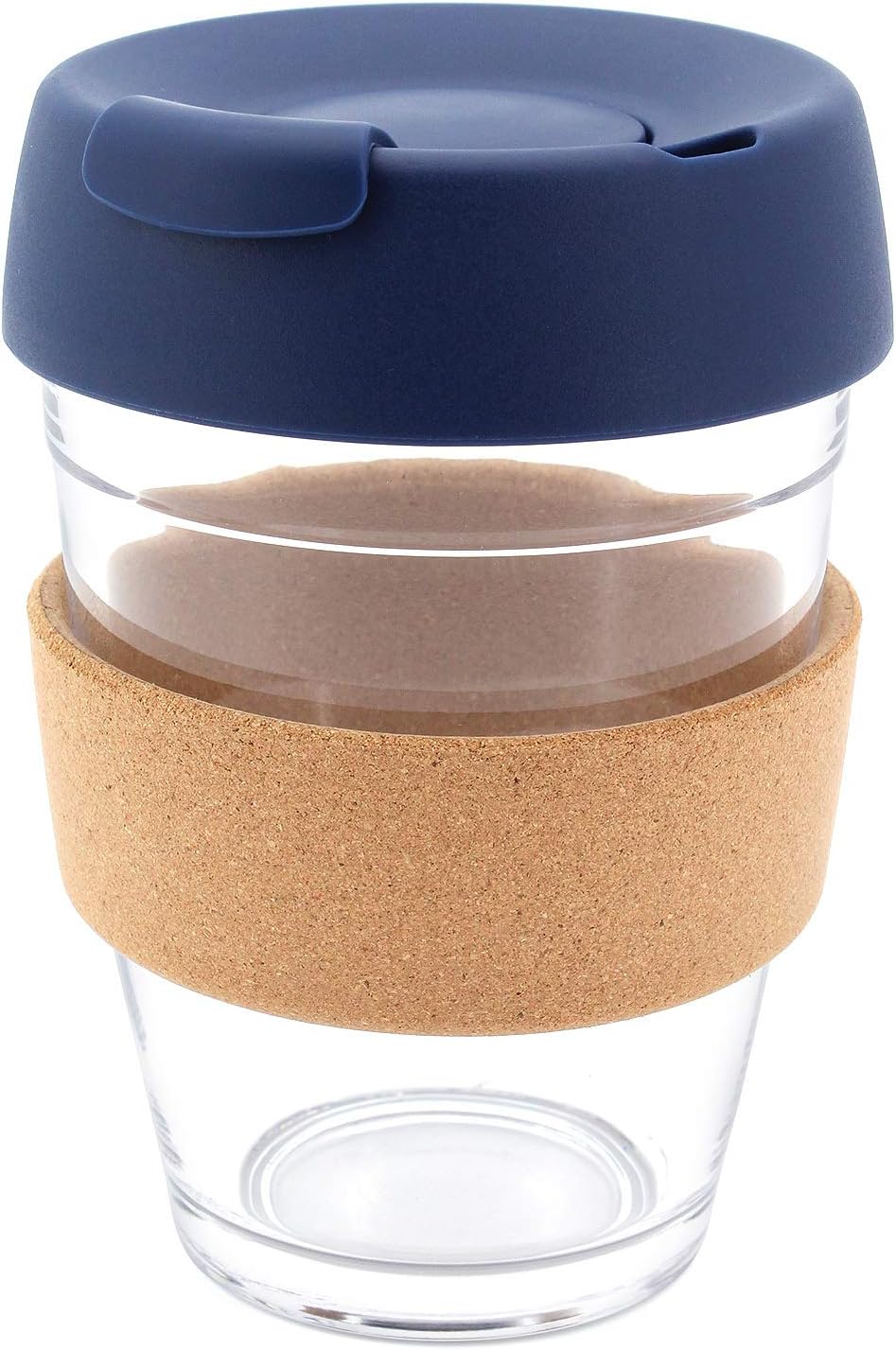 Hosoncovy 350ML Reusable Glass Coffee Cup with Cork Sleeve Heat Resistant Cork Band Travel Coffee Mug with Lid 12 OZ Coffee Cup (Dark Blue)