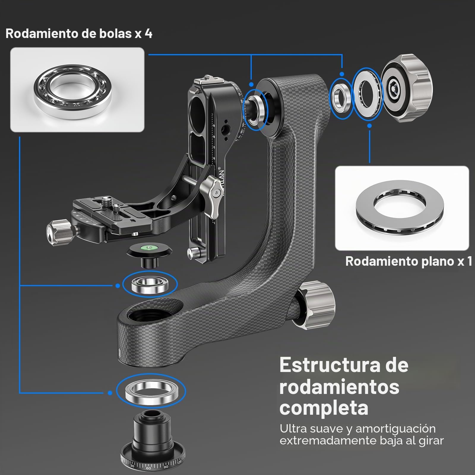 WEYLLAN Cabezal de Trípode de Cardán, Gimbal Head de 360°, Cabezal Trípode Profesional de Fibra Carbono, con Placa de Liberación Rápida Arca-Swiss de 1/4'' y 3/8'', Carga Máxima 20kg para Cámara DSLR