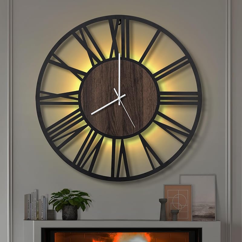 LEIKE Reloj de pared LED grande, silencioso, sin tictac, funciona con pilas, rústico, redondo, moderno, de madera grande, para sala de estar, dormitorio, cocina, granja, oficina, decoración del hogar, 24 pulgadas, negro, LED, número romano