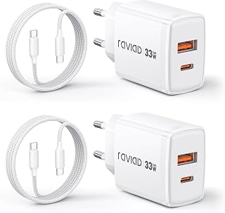 RAVIAD 33W USB-C Charger GaN Power Supply 2 Pack, 2-Port [USB-C + USB-A] PD Fast Charger with 3M USBC Cable, USBC Connector for iPhone 17 16 15 Pro Max, Galaxy S25 S24 S23 Ultra, Pad Pro, MacBook Air