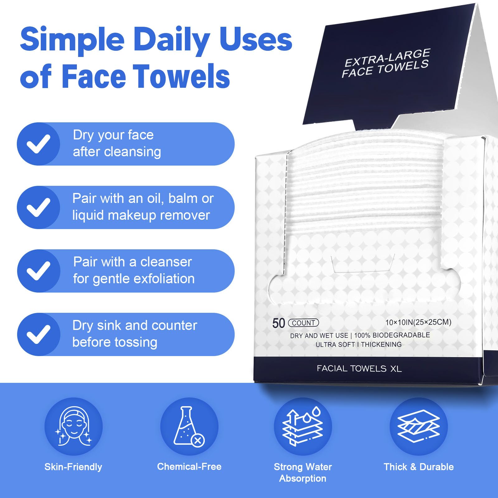KODAMO Toallas desechables para la cara, paquete de 2 (100 unidades) – Paños desmaquillantes biodegradables ultra suaves y gruesos – Paños de limpieza facial sin pelusa en caja de papel