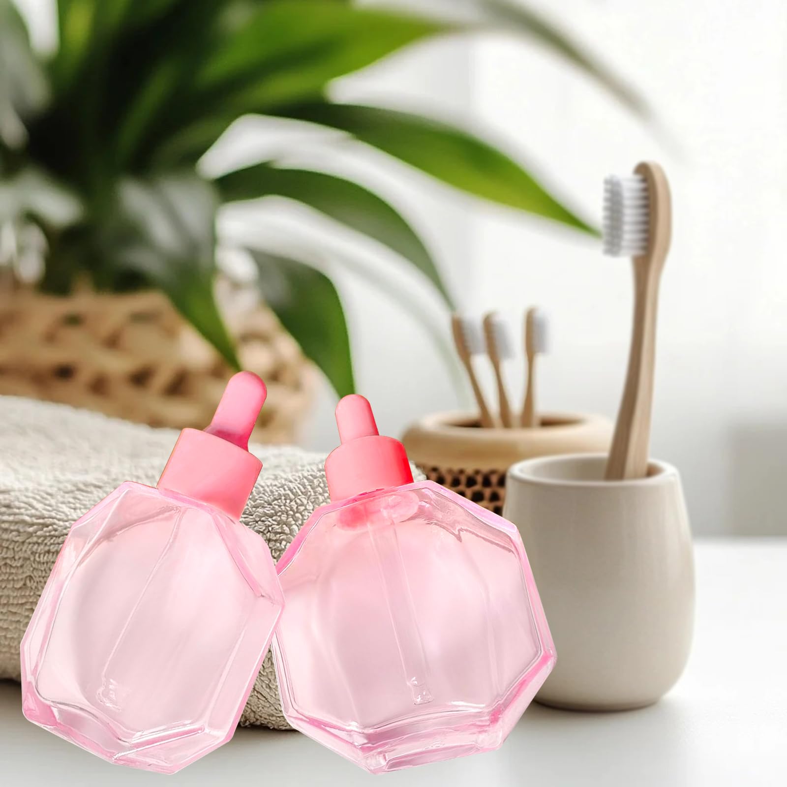 Botellas de vidrio rosa con cuentagotas de 50 ml, 6 botellas de vidrio de diamante con cuentagotas, para aceites esenciales, sueros de perfume, sueros y otros líquidos (-rosa, 50 ml)