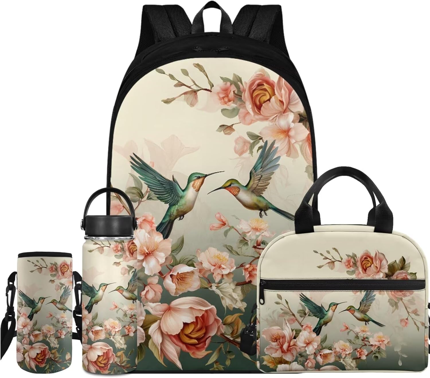 Flashideas Hummingbird 4Pcs Girls Backpack for School 18oz Water Bottle Portable Lunch Bag and Water Bottle Case Cover Sports Bookbag Back Pack School Backpack Set for Girls 10-12