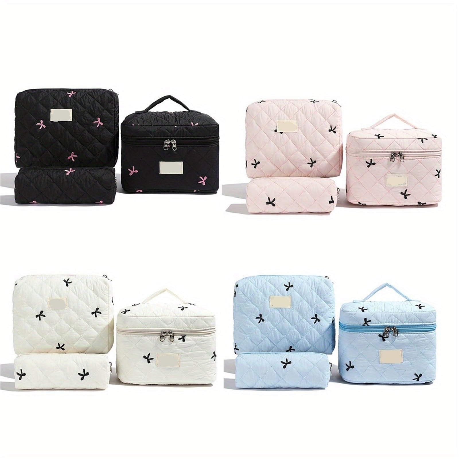 Pochette Trucchi Set da 3 pezzi con fiocco e fiori, borsa da trucco trapuntata da donna, organizer for cosmetici, borsa da donna, custodia da toilette for viaggio(Pink)