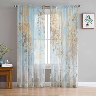 Brown Tree 2 PCS Semi-Sheer Chiffon Curtains 84 Inches Long,Rod Pocket Voile Curtain Panels Window Drape Curtains for Living Room/Bedroom,Aqua Forest Shabby Chic Abstract Natural Painting 104x84