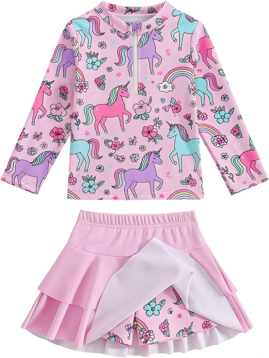 Girls Rash Guard Swimsuit Set UPF 50+ Long Sleeve Two Piece Swimwear Half Zip with Skirt Bottom for Kids 3-10Y