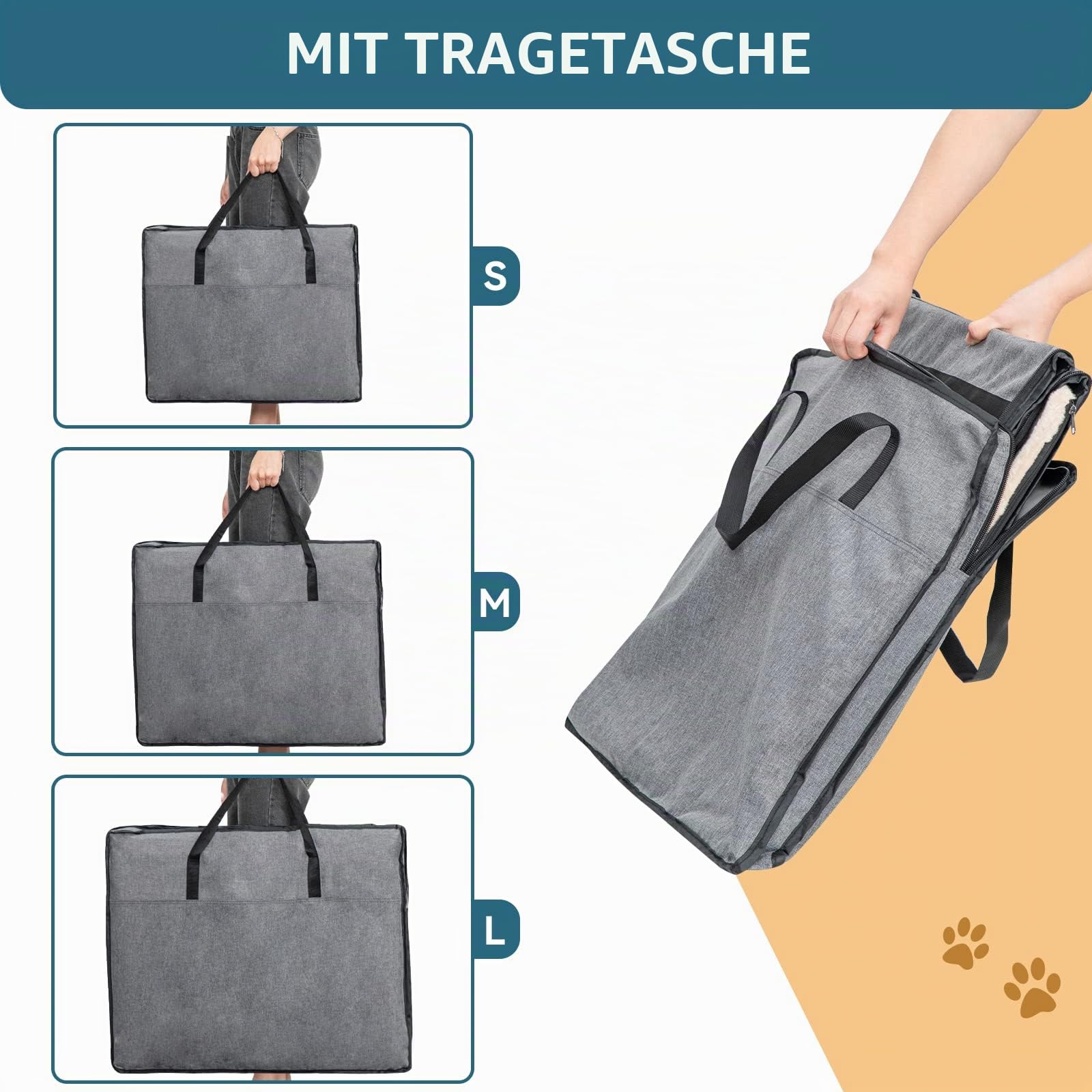 Petsfit faltbar Hundebox, aus kratzfestem Stoff, Hundebox Auto Hundetransportbox für kleine Hunde mit Plüschkissen & Aufbewahrungstasche,Grau,S 53x38x46cm