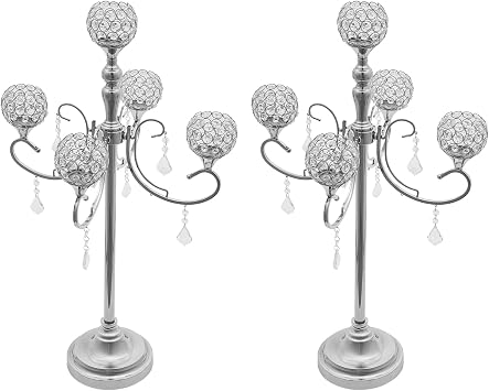 2 Pack 5-Arm Crystal Candelabra Candle Holder 33.8 Inches Tall Floor Candle Holder Candelabras Centerpieces for Table Decoration Silver